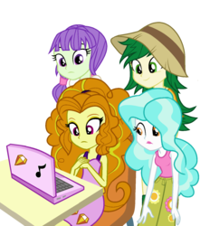 Size: 1327x1504 | Tagged: safe, artist:berrypunchrules, adagio dazzle, paisley, starlight, sweet leaf, equestria girls, g4, clothes, computer, dress, laptop computer, simple background, tank top, transparent background