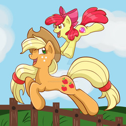 Size: 1024x1024 | Tagged: safe, artist:yoshimarsart, apple bloom, applejack, g4, apple bloom's bow, bow, cutie mark, fence, hair bow, jumping, the cmc's cutie marks, watermark