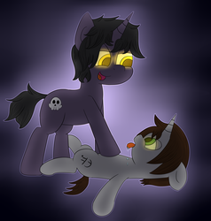 Size: 1800x1888 | Tagged: safe, artist:skullpon, oc, oc only, oc:drawing ink, oc:skullpon, pony, unicorn, drool, floppy ears, glowing eyes, hypnosis, on back, ponysona