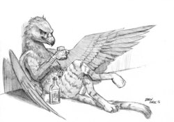 Size: 1500x1052 | Tagged: safe, artist:baron engel, oc, oc only, griffon, alcohol, drunk, grayscale, looking at you, monochrome, pencil drawing, simple background, sketch, smiling, solo, traditional art, white background