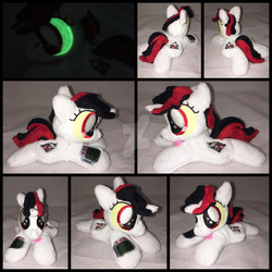 Size: 1600x1600 | Tagged: safe, artist:rubiowolf, oc, oc only, oc:blackjack, pony, unicorn, fallout equestria, fallout equestria: project horizons, beanie (plushie), colored sclera, fanfic, fanfic art, female, glow in the dark, handmade, hooves, horn, irl, mare, photo, pipbuck, plushie, solo, watermark, yellow sclera