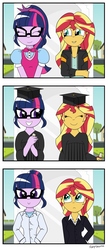 Size: 2120x4912 | Tagged: safe, artist:pony4koma, sci-twi, sunset shimmer, twilight sparkle, equestria girls, g4, alternate clothes, clothes, comic, female, graduation, height difference, high res, lab coat, lesbian, ship:sci-twishimmer, ship:sunsetsparkle, shipping, suit, time skip