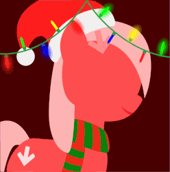 Size: 795x800 | Tagged: safe, artist:arifproject, edit, part of a set, oc, oc only, oc:downvote, earth pony, pony, derpibooru, animated, arif's christmas pones, beautiful, christmas lights, clothes, cute, dark background, derpibooru background pony icon, derpibooru ponified, female, garland, gif, happy, hat, lights, lineless, mare, meta, minimalist, ponified, red, red background, santa hat, scarf, simple background, smiling, solo