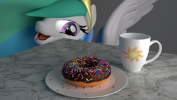 Size: 960x540 | Tagged: dead source, safe, artist:lunaerix, princess celestia, alicorn, pony, g4, 3d, behaving like a cat, blender, cup, cute, cutelestia, donut, donutlestia, eyes on the prize, female, food, happy, mare, mug, open mouth, sillestia, silly, smiling, solo, soon, spread wings