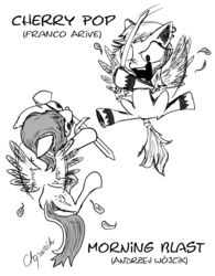 Size: 2000x2567 | Tagged: safe, artist:chopsticks, oc, oc only, oc:cherry pop, oc:morning blast, pegasus, pony, battle cry, ear piercing, earring, feathers everywhere, female, funny, high res, jewelry, katana, longsword, male, mare, monochrome, open mouth, piercing, stallion, sword, sword fight, text, weapon