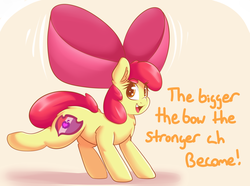 Size: 1280x954 | Tagged: safe, artist:graphene, apple bloom, earth pony, pony, g4, adorabloom, bow, cute, cutie mark, female, i grow stronger every day, impossibly large bow, puns in the comments, solo, strong, the cmc's cutie marks