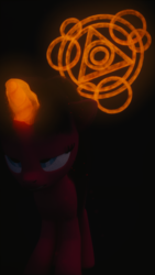 Size: 1080x1920 | Tagged: safe, artist:jdbener, oc, oc only, oc:spotlight, pony, 3d, blender, dark, dark background, glowing, glowing horn, gritted teeth, horn, magic, magic circle, renderman, runes, solo