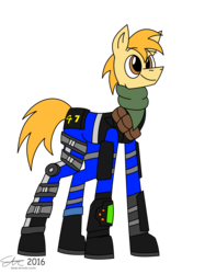 Size: 2000x2667 | Tagged: safe, artist:derpanater, oc, oc only, oc:"o" orange peel, earth pony, pony, fallout equestria, bandolier, clothes, high res, jumpsuit, leg brace, pipbuck, scarf, simple background, smiling, solo, transparent background, vault suit, vest