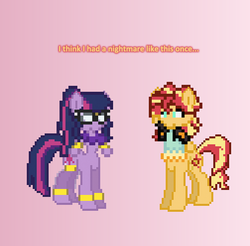 Size: 504x496 | Tagged: safe, artist:verve, sci-twi, sunset shimmer, twilight sparkle, centaur, genie, ain't never had friends like us, equestria girls, g4, ask, centaur sunset, centaur twilight, centaurified, jewelry, pixel art, simple background, transformation, tumblr
