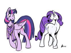 Size: 1280x955 | Tagged: safe, artist:rwl, rarity, twilight sparkle, alicorn, pony, g4, blushing, clothes, female, lesbian, scarf, ship:rarilight, shipping, simple background, story included, twilight sparkle (alicorn), white background