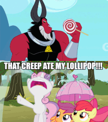 Size: 720x810 | Tagged: safe, edit, edited screencap, screencap, apple bloom, lord tirek, scootaloo, sweetie belle, g4, one bad apple, twilight's kingdom, abuse, animated, candy, caption, crying, cutie mark crusaders, daimando is going to hell, diabetes prevention, eating, food, gif, lollipop, ocular gushers, pure unfiltered evil, scorpan's necklace, sweetiebuse, umbrella, what a jerk