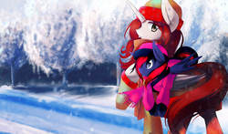Size: 4925x2894 | Tagged: safe, artist:scynexx, oc, oc only, clothes, coat, duo, hat, scarf, snow