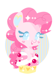 Size: 1028x1431 | Tagged: safe, artist:snow angel, pinkie pie, earth pony, pony, g4, abstract background, cupcake, cute, diapinkes, female, food, heart, heart eyes, no pupils, open mouth, solo, wingding eyes