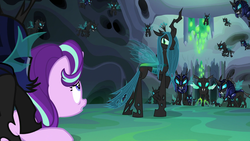 Size: 1920x1080 | Tagged: safe, edit, edited screencap, editor:joshua, screencap, queen chrysalis, starlight glimmer, thorax, changeling, changeling queen, pony, unicorn, g4, to where and back again, armor, bugbutt, butt, changeling armor, changeling guard, changeling hive, chrysalass, female, looking at each other, looking at someone, looking back, male, mare, plot, walking away