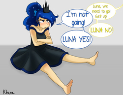 Size: 3300x2550 | Tagged: safe, artist:kprovido, princess luna, human, g4, barefoot, black dress, blushing, clothes, dialogue, dress, feet, female, grumpy, high res, humanized, implied princess celestia, luna is not amused, no, offscreen character, pouting, sitting, soles, solo, speech bubble, unamused, yes