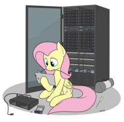 Size: 2314x2290 | Tagged: safe, artist:rapidstrike, fluttershy, pegasus, pony, g4, female, high res, loss (meme), mouth hold, server, simple background, sitting, solo, technician, technology, transparent background