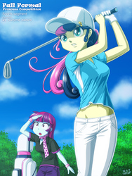 Size: 900x1200 | Tagged: safe, artist:uotapo, bon bon, mystery mint, sweetie drops, human, equestria girls, g4, background human, belly button, cap, clothes, cloud, cloudy, duo, fall formal, fall formal princess competition, female, gloves, golf, golf club, hat, midriff, open mouth, pants, sky, tree