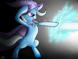 Size: 1024x768 | Tagged: safe, artist:wolftendragon, trixie, pony, g4, bipedal, female, magic, solo, trixie's cape, trixie's hat