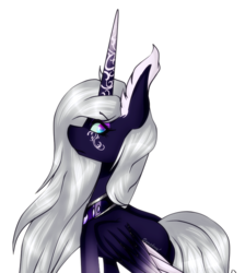 Size: 679x758 | Tagged: safe, artist:symphstudio, princess luna, alicorn, pony, g4, alternate design, colored wings, ear fluff, eyeshadow, female, gradient legs, gradient wings, looking at you, looking back, looking back at you, makeup, mare, simple background, solo, white background, white-haired luna, wings