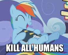 Size: 231x186 | Tagged: safe, edit, edited screencap, screencap, rainbow dash, pony, g4, read it and weep, book, cropped, cute, dissonant caption, female, gif, grimcute, image macro, implied genocide, kill all humans, meme, misanthropy, non-animated gif, pure unfiltered evil, solo, wat