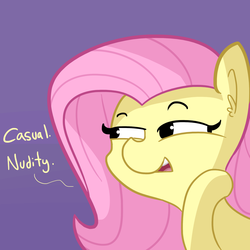 Size: 1280x1280 | Tagged: safe, artist:tjpones, fluttershy, pony, g4, bust, casual nudity, dialogue, ear fluff, female, lewd, lidded eyes, nudity, purple background, simple background, solo, we don't normally wear clothes