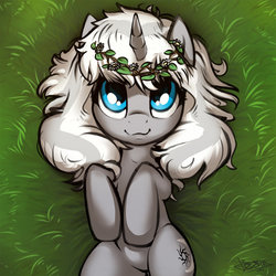 Size: 1200x1199 | Tagged: safe, artist:fidzfox, oc, oc only, oc:frozen raine, pony, unicorn, :3, field, floral head wreath, flower, garland, grass, hooves up, looking at you, meadow, on back, rolling, solo, wreath