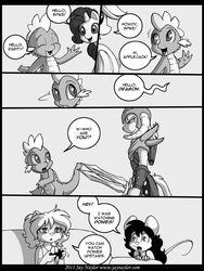 Size: 648x864 | Tagged: safe, artist:jaynaylor, applejack, rarity, spike, cat, dragon, earth pony, mouse, pony, unicorn, anthro, g4, comic, dovahkiin, furry, imminent murder, monochrome, original life (comic), skyrim, the elder scrolls, this will end in tears and/or death