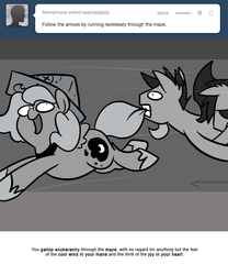 Size: 666x800 | Tagged: safe, artist:egophiliac, princess luna, oc, oc:frolicsome meadowlark, oc:sunshine smiles (egophiliac), bat pony, pony, moonstuck, g4, biting, cartographer's cap, eyepatch, filly, grayscale, hat, monochrome, running, tail bite, woona, woonoggles, younger
