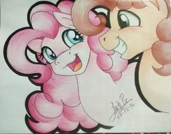 Size: 1853x1456 | Tagged: safe, artist:jack-pie, cheese sandwich, pinkie pie, g4, duo, open mouth, smiling, traditional art