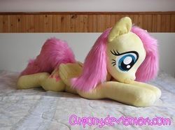 Size: 3146x2339 | Tagged: safe, artist:qtpony, fluttershy, pony, g4, adorable face, bed, bedroom, cute, fluffy, high res, irl, life size, mane, photo, plushie, show accurate, shyabetes, solo