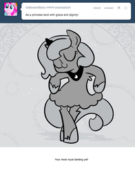 Size: 666x851 | Tagged: safe, artist:egophiliac, princess luna, pony, moonstuck, g4, bipedal, clothes, curtsey, cute, dress, female, filly, grayscale, lunabetes, monochrome, solo, woona, younger