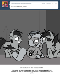 Size: 666x851 | Tagged: safe, artist:egophiliac, princess luna, oc, oc:frolicsome meadowlark, oc:sunshine smiles (egophiliac), bat pony, pony, moonstuck, g4, bruised, cartographer's nursing cap, eyepatch, filly, grayscale, hat, monochrome, woona, younger