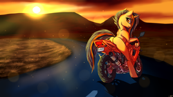 Size: 1920x1080 | Tagged: safe, artist:mineaamanda, oc, oc only, pony, butt, looking back, motorcycle, plot, road, solo, sunset, wallpaper