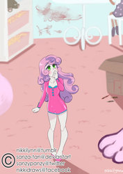 Size: 1024x1448 | Tagged: safe, artist:nikkilynn, sweetie belle, equestria girls, g4, blushing, clothes, dress, micro, room, shoes, solo, transformation