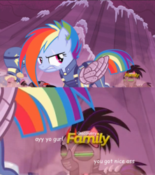 Size: 672x756 | Tagged: safe, edit, screencap, rainbow dash, crystal pony, pony, g4, the cutie re-mark, alternate timeline, amputee, apocalypse dash, armor, augmented, butt, clothes, comic sans, crystal war timeline, discovery family logo, eyes on the prize, glare, gritted teeth, looking back, mind control, plot, prosthetic limb, prosthetic wing, prosthetics, scar, sombra soldier, tenso, torn ear, uniform