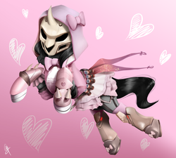 Size: 1280x1152 | Tagged: safe, artist:supermare, king sombra, pony, unicorn, g4, bow, clothes, crossdressing, crossover, dress, majestic as fuck, overwatch, pink dress, reaper (overwatch), solo, wat