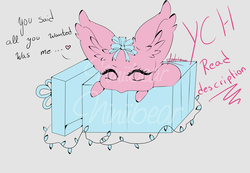 Size: 950x656 | Tagged: safe, artist:niniibear, oc, oc only, pony, advertisement, blue, box, christmas, commission, cute, lights, pink, present, solo, sweet, your character here