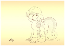 Size: 1073x759 | Tagged: safe, artist:sherwoodwhisper, sweetie belle, insect, pony, spider, g4, boots, clothes, cutie mark, female, gloves, goggles, hard hat, hat, helmet, monochrome, pencil drawing, safety goggles, sketch, solo, sweat, the cmc's cutie marks, traditional art
