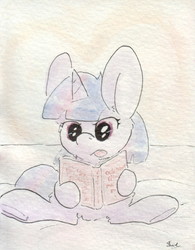 Size: 696x893 | Tagged: safe, artist:slightlyshade, twilight sparkle, pony, unicorn, g4, book, female, filly, hoof hold, reading, sitting, solo, tongue out, traditional art, underhoof, watercolor painting