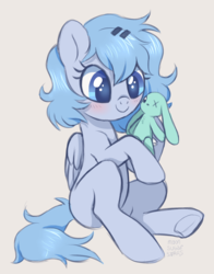 Size: 1972x2512 | Tagged: dead source, safe, artist:hawthornss, oc, oc only, oc:bubblepop, pegasus, pony, blushing, cute, hair accessory, plushie, simple background, smiling, underhoof