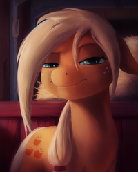 Size: 2244x2800 | Tagged: safe, artist:starblaze25, applejack, earth pony, pony, g4, barn, bedroom eyes, faic, female, floppy ears, freckles, hay, high res, lidded eyes, looking at you, loose hair, mare, smiling, solo