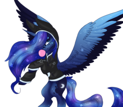 Size: 1000x875 | Tagged: safe, artist:zephyrii, princess luna, pony, g4, bubblegum, clothes, female, food, gum, hoodie, rearing, simple background, solo, spread wings, transparent background