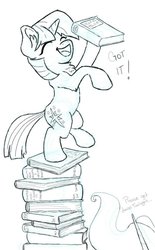 Size: 600x968 | Tagged: safe, artist:firimil, princess celestia, twilight sparkle, g4, adorkable, book, chest fluff, cute, dork, ear fluff, filly, filly twilight sparkle, monochrome, open mouth, rearing, simple background, twiabetes