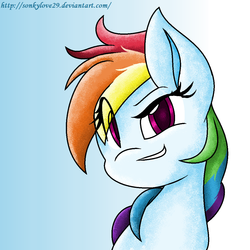 Size: 1074x1074 | Tagged: safe, artist:sonkylove29, rainbow dash, pony, g4, bust, eye clipping through hair, faic, female, gradient background, looking at you, portrait, smug, smugdash, solo
