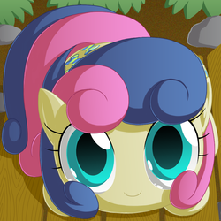 Size: 964x964 | Tagged: safe, artist:berrypawnch, bon bon, sweetie drops, earth pony, pony, g4, adorabon, berrypawnch is trying to murder us, c:, chibi, cute, female, looking at you, looking up, looking up at you, prone, smiling, solo