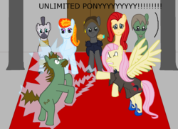 Size: 1790x1300 | Tagged: safe, fluttershy, oc, earth pony, pegasus, pony, zebra, g4, beard, emperor palpatine, facial hair, female, food, force lightning, lightning, male, mare, muffin, spread wings, stallion, star wars: revenge of the sith, unlimited power, wings