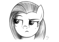 Size: 1527x1080 | Tagged: safe, artist:fladdrarblyg, fluttershy, pony, g4, bust, female, fluttershy is not amused, grayscale, looking away, monochrome, pencil drawing, portrait, raised eyebrow, simple background, skeptical, solo, traditional art, white background