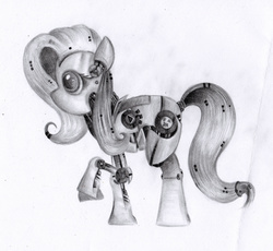 Size: 4730x4345 | Tagged: safe, artist:fladdrarblyg, fluttershy, robot, g4, absurd resolution, female, flutterbot, grayscale, monochrome, pencil drawing, profile, raised hoof, solo, traditional art
