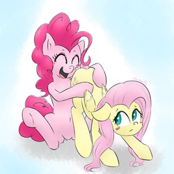 Size: 2048x2048 | Tagged: safe, artist:gamijack, fluttershy, pinkie pie, g4, blushing, butt touch, butthug, eyes closed, faceful of ass, female, high res, hoof on butt, hug, lesbian, open mouth, ship:flutterpie, shipping, smiling
