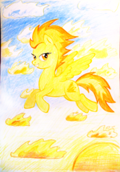 Size: 2688x3844 | Tagged: safe, artist:chimajra, spitfire, pony, g4, cloud, female, flying, high res, solo, sun, traditional art